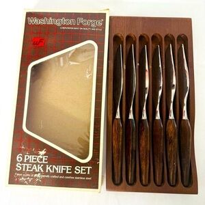 Vintage Washington Frog 6-Piece Steak Knife Original Packaging Wood Handle Tray